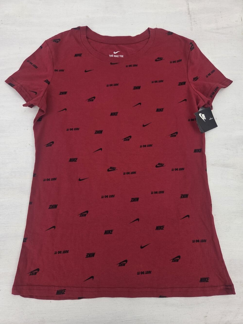 Nike Just Do It Shirt Womens M Red Swoosh Aop Logo Graphic The Nike Tee EUC
